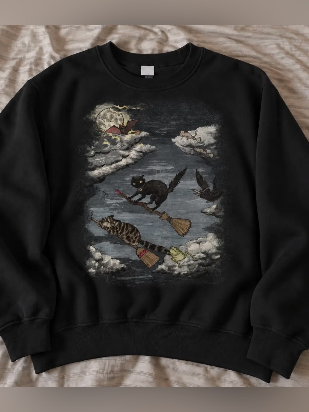 Witchy Cat & Broomstick Halloween Sweatshirt Fall Season Sweater